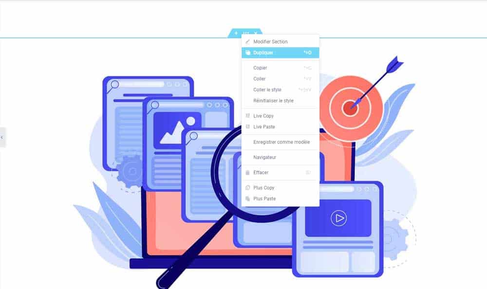 Elementor embarque un menu contextuel permettant de procéder à différentes actions