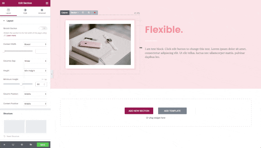 Elementor permet également le redimensionnement des colonnes
