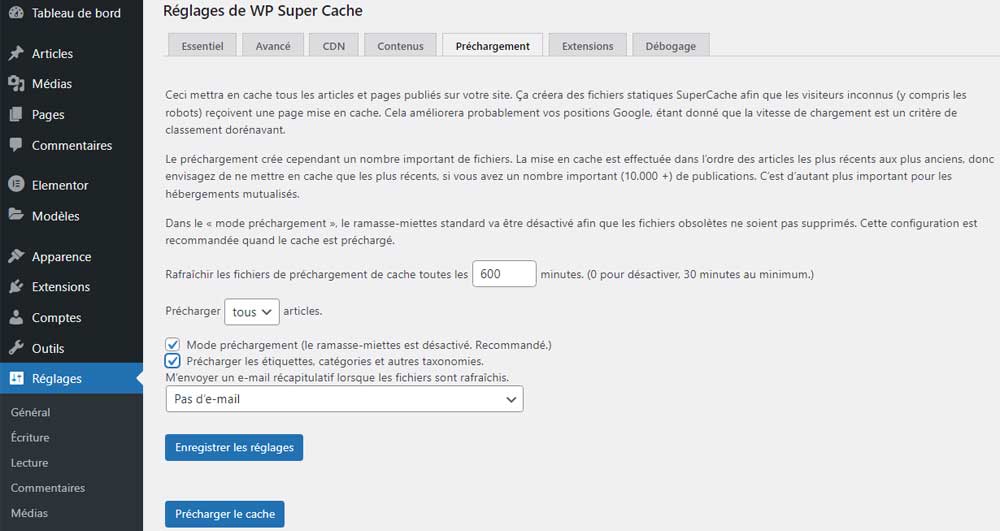 Précharger le cache avec WP Super Cache