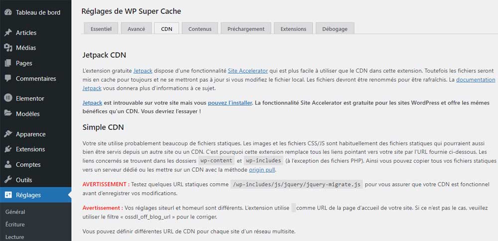 Réglage du CDN - WP Super Cache